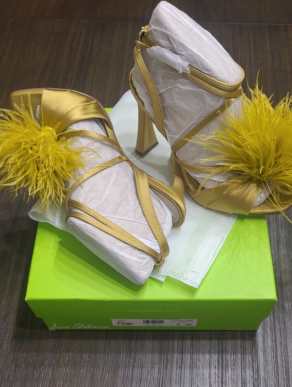 Sam Edelman Yellow Satin Feather-Accent High Heel Sandals